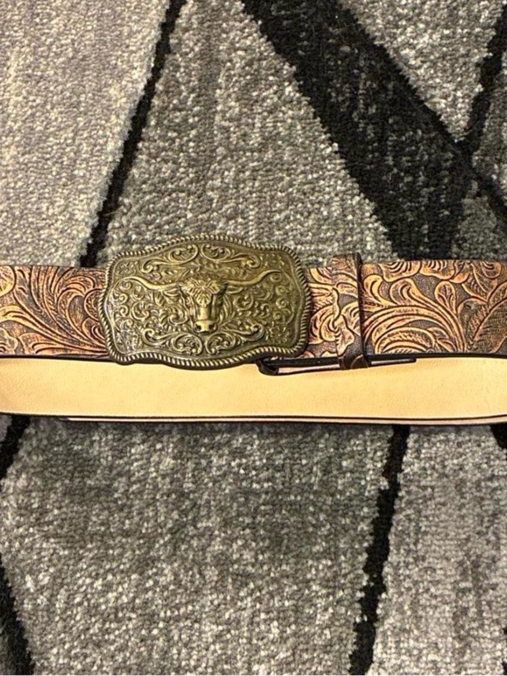 Western Tooled Leather Belt with Ornate Brass Buckle - Tan